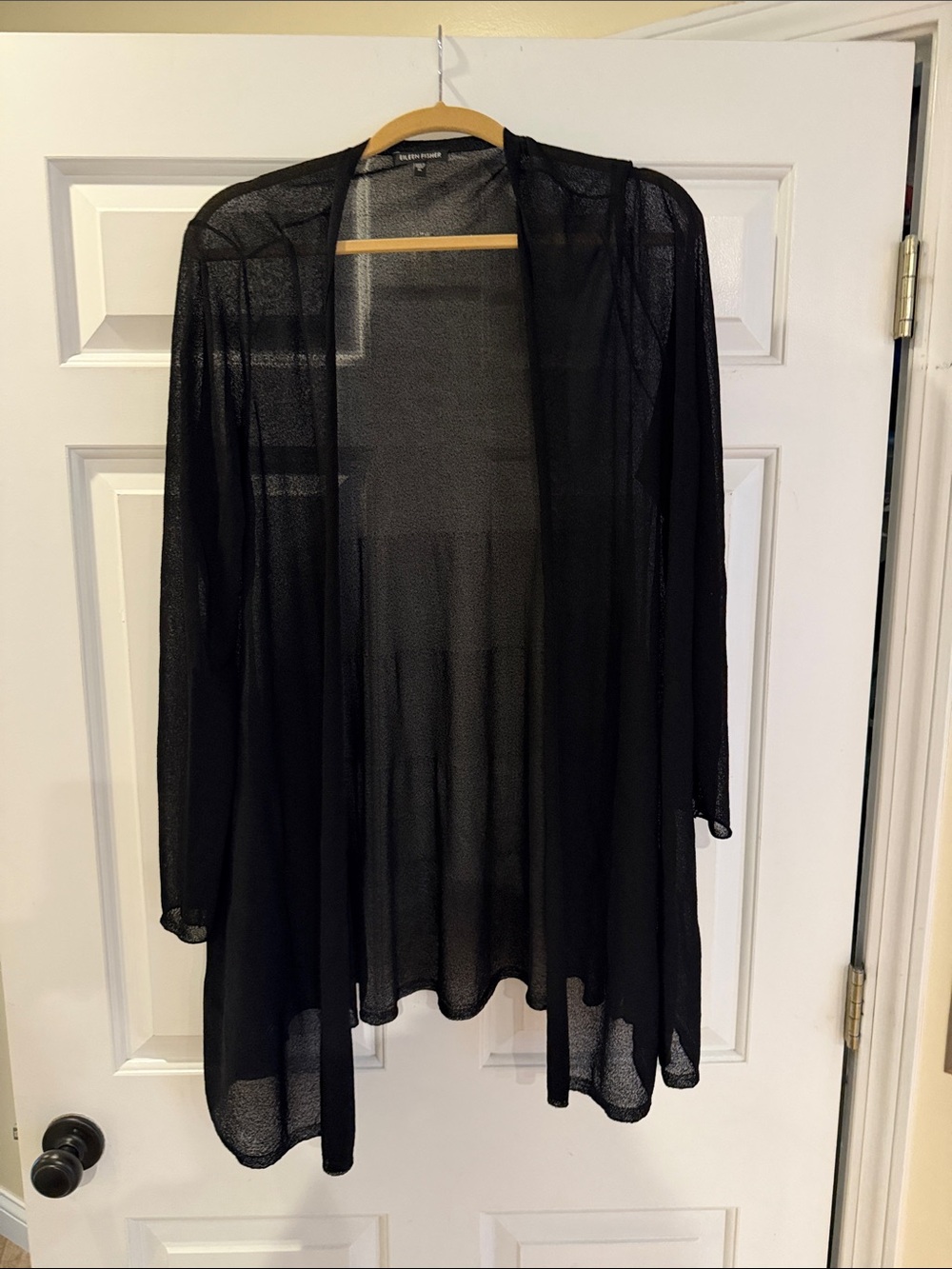 Eileen Fisher Sheer Black Open-Front Knit Cardigan